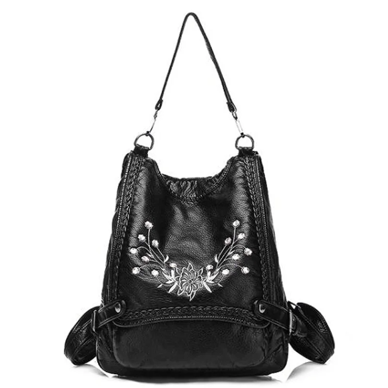 

New Washed Leather Backpack Female Korean Version Of the Color Embroidery College Bag Leisure Travel Multi-Function Soft Leather