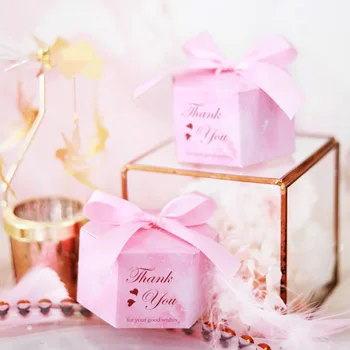 

100pcs Creative Hexagon Shape Lovely Pink Thank you Candy Boxes Party Wedding Favors Supplies Chocolate Gift Box