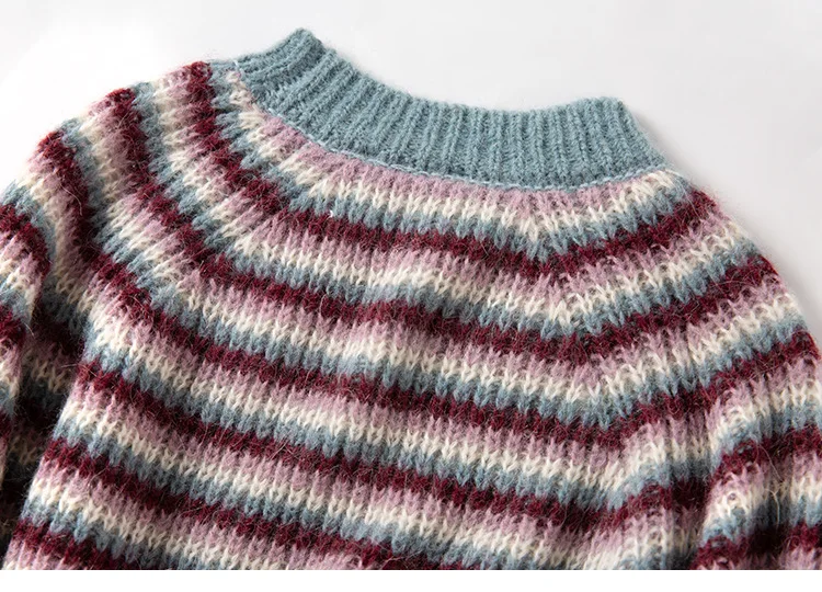 Женский свитер, осень и зима, мохер, цветной блок, полосатый толстый вязаный свитер