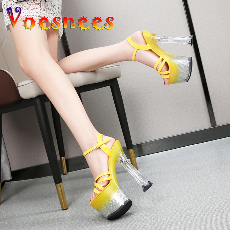 

Voesnees Women Sandals Square Heel Cross Belt Ladies Shoes 2021 New Sexy Waterproof Platform High Heels17cm Bling Stripper Heel