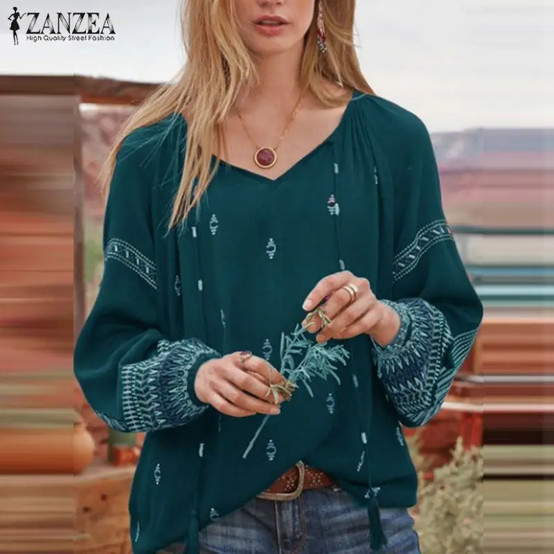  ZANZEA Bohemian Tops Women Autumn V neck Floral Printed Blouse Long Sleeve Shirt Femininas Blusas C