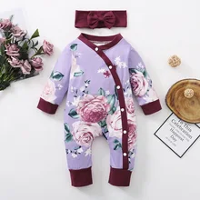 Barboteuse Chic à imprimé Floral pour bébé fille, barboteuse pour nouveau né, manches longues, tenues de printemps/automne, combinaison 2 pièces, couvre chef 