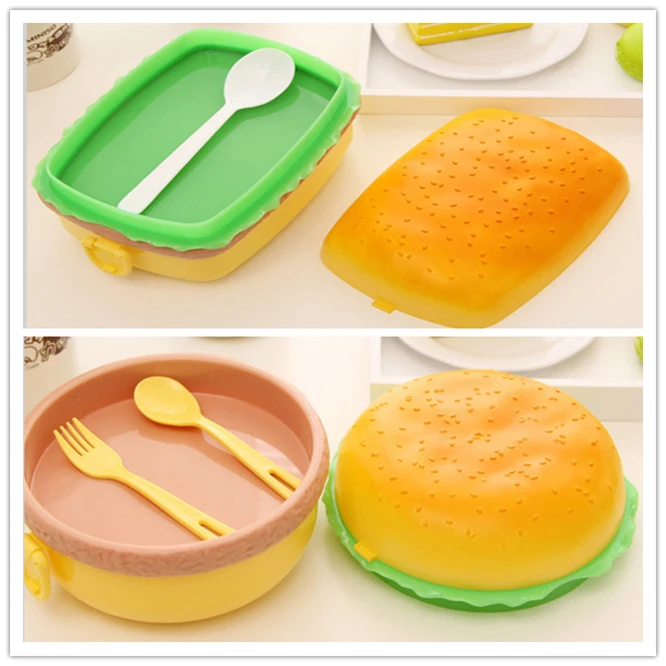 

Cute Kids Hamburger Hot dog Double Tier Lunch Box Burger Box Bento Lunch Box School Food Container Tableware Set with Fork