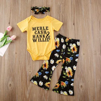 

Newborn Baby Girl Summer Pants Set Short Sleeve Romper Bodysuit Sunflower Bell Bottom Pants Outfits Yellow Flare 0-6 Months