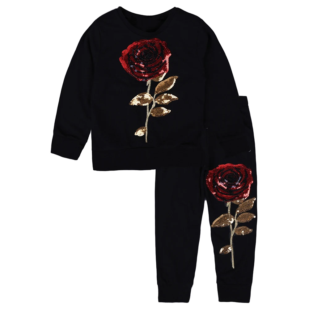 HE Hello Enjoy/комплекты одежды для девочек детский осенний шерстяной свитер с длинными рукавами и вышитыми розами и пайетками детский спортивный костюм