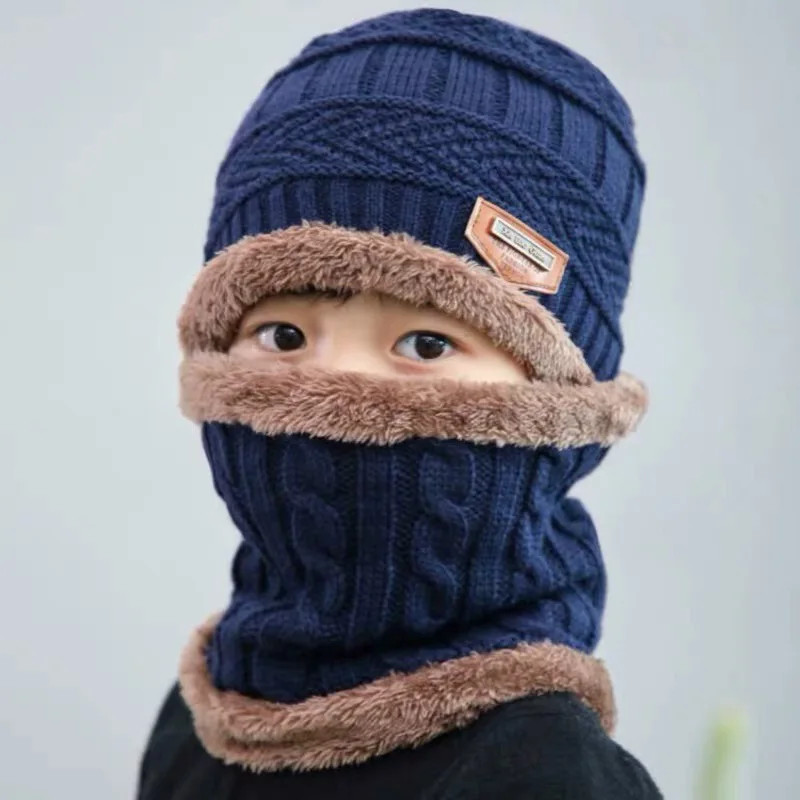 2 шт. детская вязаная шапка осень зима Защита Детские Skullies шапочки для мальчиков и девочек открытый спортивный набор из шапки и шарфа F13697CH