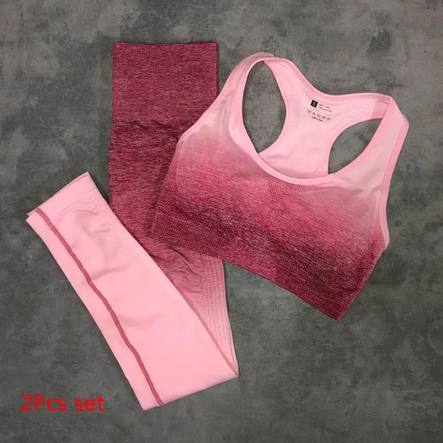 Rose red 2pcs set 2 унида/Комплект Одежда для йоги Тренажерный зал пупок со спортивным бюстгальтером без шитья леггинсы тренировочный костюм женский фитнес - Цвет: Rose red 2pcs set