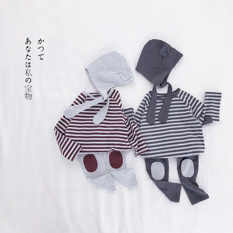 Милые для младенцев комплекты хлопковой одежды в японском стиле пуловер в полоску с длинными рукавами для маленьких мальчиков+ штаны с заплатками+ шапка, комплект из 3 предметов