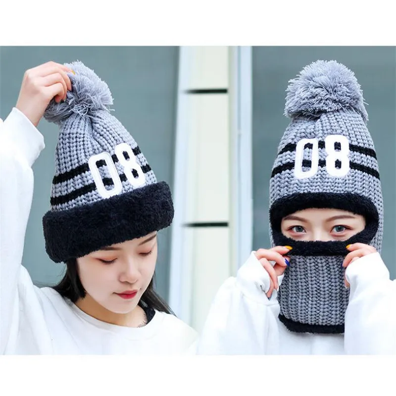 Зимние шапки Skullies Beanies шляпа для мамы бини для женщин шерстяной шарф шапки в полоску вязаные шапки - Цвет: Серый