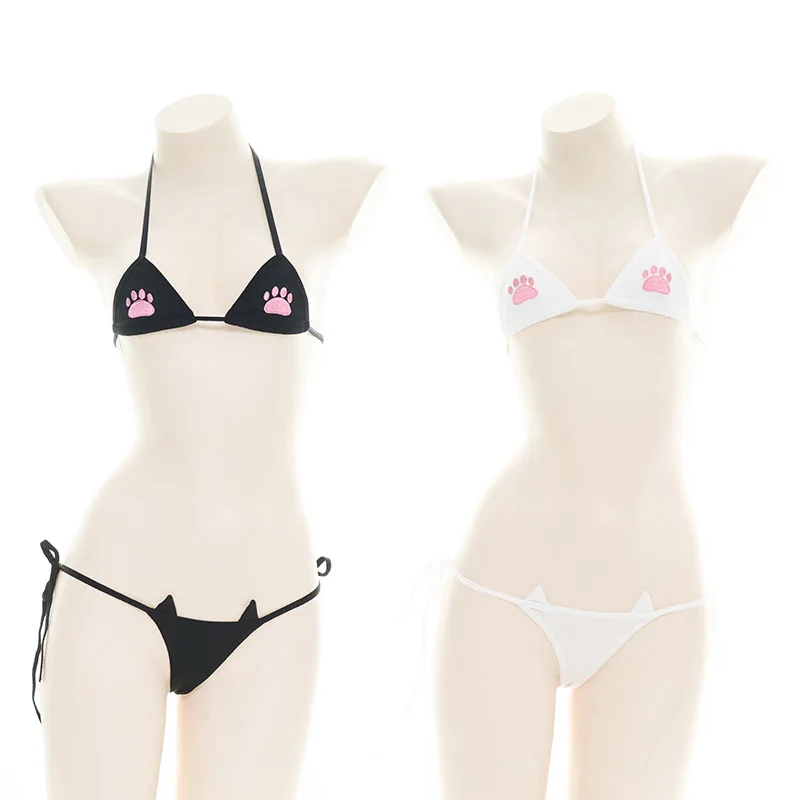 Kawaii Cat Paw Print Women Underwear Sex Bikini Set For Girl Lolita Maid Rave Party Cosplay Costume Summer Swimwear Lingerie |