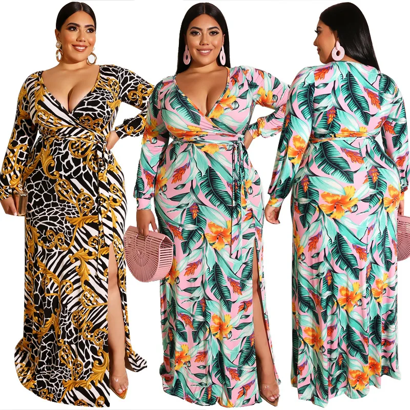Dress large Size dress Autumn Women's Fashion Printed Dress Lacing    V-neck Sexy   long sleeve dress   women dress