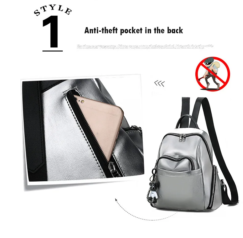 2019 Women Waterproof PU Soft Leather Backpack College Girls School Shoulder Bag Small Black Silver Multi Pocket Travel Rucksack (6)