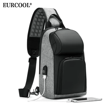 

EURCOOL Casual Chest Bag for Men 9.7 inch iPad Business Messenger Bags with USB Port Leisure Outdoor Charging Shoulder Bag Male