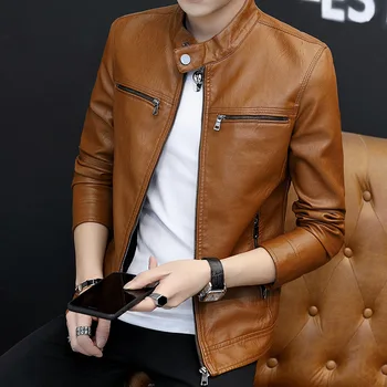 

2020 new men's leather collar Slim trend of young handsome casual PU leather collar leather jacket wild