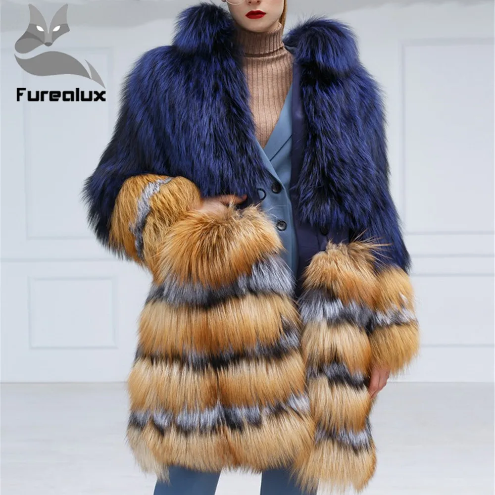

Furealux Fashion New Style Natural Real Silver Fox And Red Fur Coat With Stand Collar Whole Skin Fur Winter Thick Warm Hot Sell