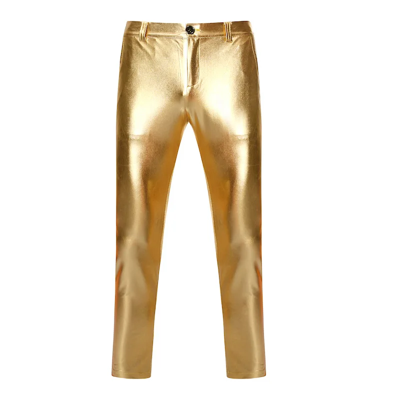 Мотоциклетные брюки из искусственной кожи мужские брендовые обтягивающие блестящие золотые брюки с металлическим покрытием брюки для ночного клуба для выступлений на сцене брюки для певцов