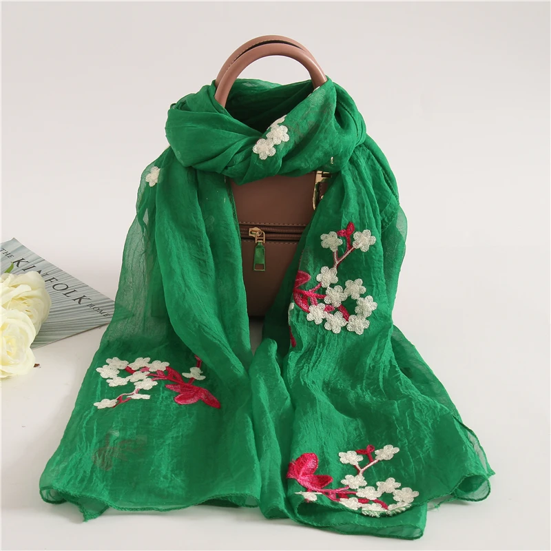 Embroidery Silk Scarves for Women New Fashion Floral Print Shawls and Wraps Thin Long Pashmina Lady Neck Scarf Hijab Femme - Цвет: lanhua 3