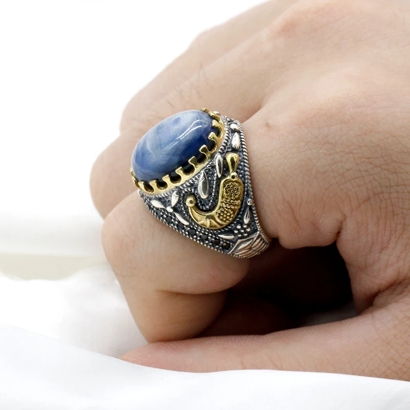New Fashion Türkiye Men's Handmade Ring S925 Sterling Silver Natural Kyanite Luxury Religious Muslim Islamic Jewelry Party Gift - Image 6