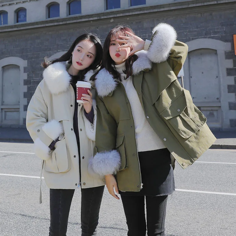 

Photo Shoot Short-height Cotton-padded Jacket 2019 Winter New Style Large Fur Collar Thick Cotton Coat Korean-style Students Ver