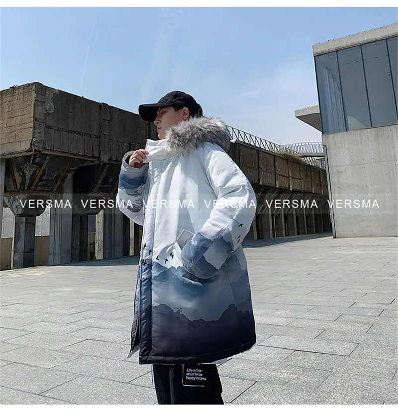 VERSMA, корейский стиль, одежда для мужчин, с рисунком, с капюшоном, длинная куртка, пальто для мужчин и женщин, зимняя, в стиле хип-хоп, винтажная, теплая, толстая, Мужская парка