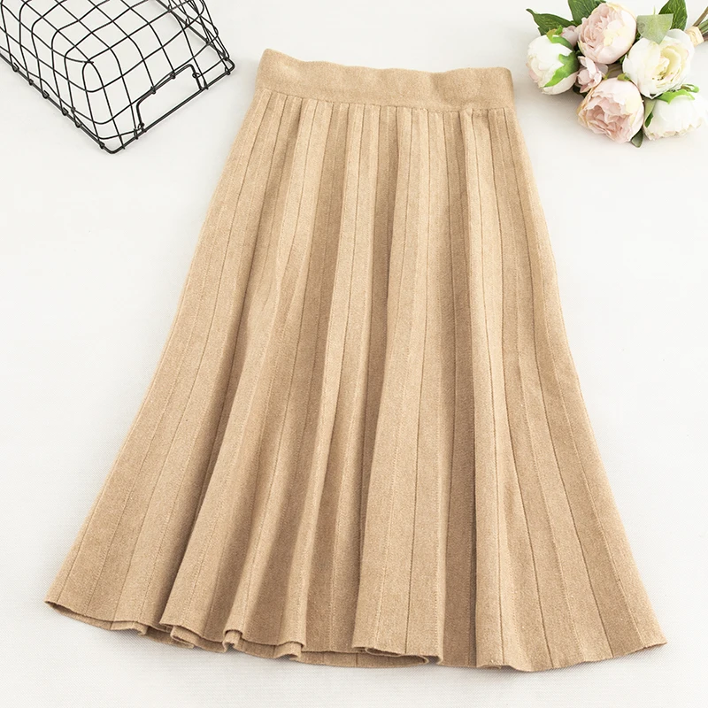 SINGRAIN Women Long Knitted Pleated Skirt Winter Warm High Waist Skirt Autumn Elastic Midi Long A-Line Stripe Knit Sweater Skirt - Цвет: khaki