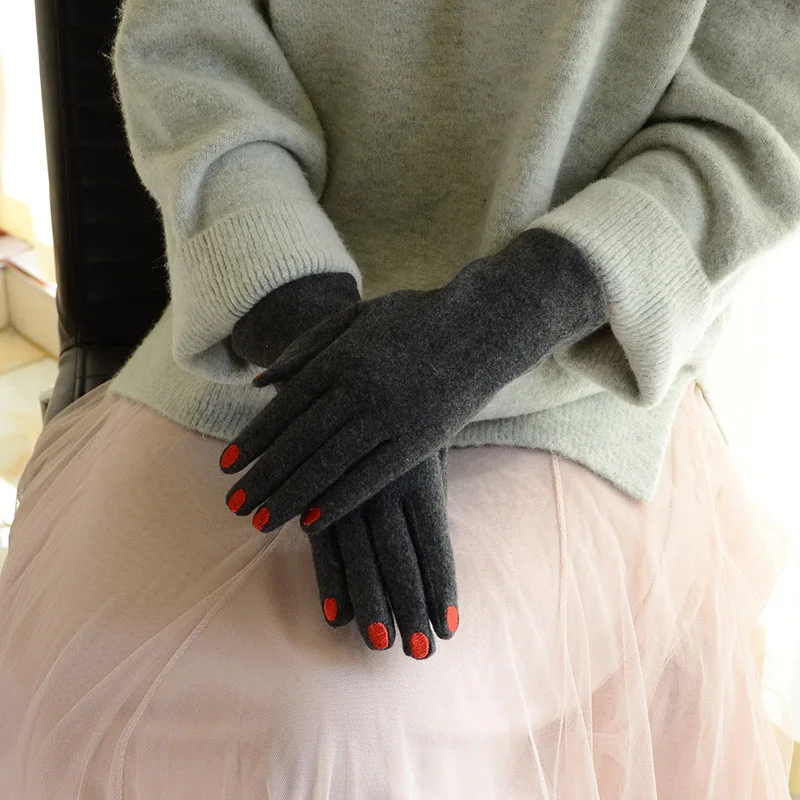 Модные элегантные женские шерстяные вязаные перчатки с вышивкой и сенсорным экраном зимние женские теплые кашемировые кожаные пе - Цвет: C24 Dark Gray