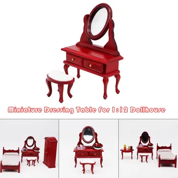 

1:12 Dollhouse Miniature Bedroom Furniture Dressing Table & Stool Wooden Vanity Box With Mirror 2020