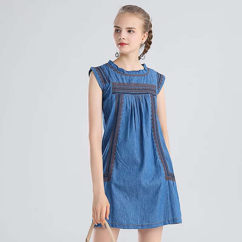 Свободное джинсовое платье без рукавов в национальном стиле; Vestidos Invierno Mujer; синее летнее платье с вышивкой; ropa mujer K2008