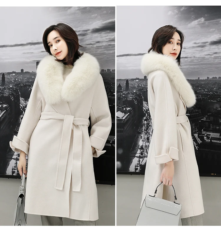 Best Women 2019 Winter Natural Fox Fur Collar Double-Sided Wool Blends Coat Female Thicken Warm Sheep Shearing Long Overcoat 18