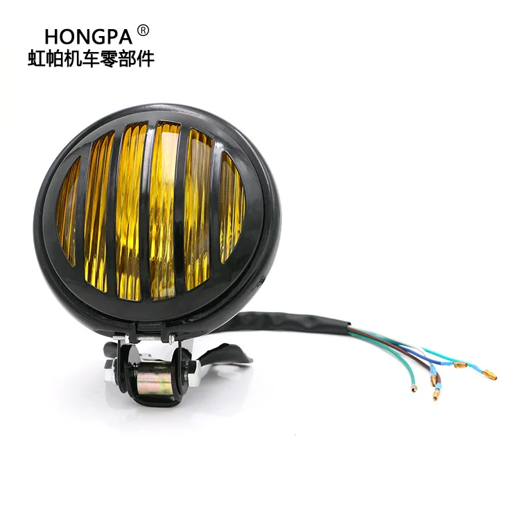 

Vintage Motorcycle Modified Metal Headlight Retro Black And White with Pattern Headlight Yellow Glass Retro Headlight Distance
