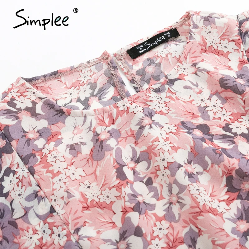 Simplee women floral print dress Elegant puff sleeve a-line chiffon sash dress High waist work wear office lady pink dress 2020
