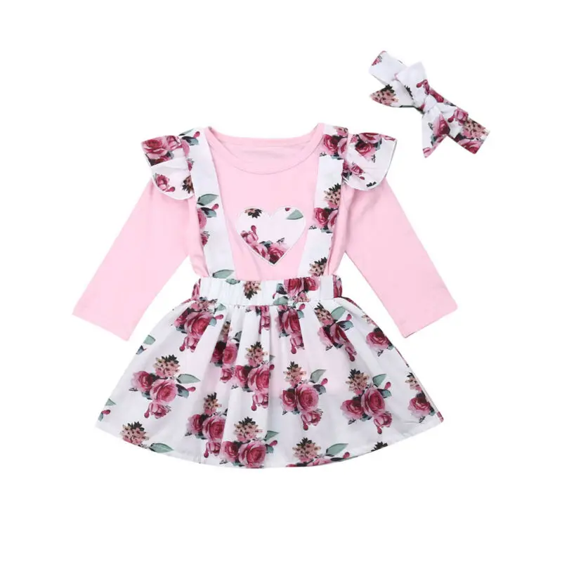 

Toddler Kids Baby Girl Floral Clothes Heart-shaped Ruffle Long Sleeve Tops+Suspender Skirt 3Pcs Set Outfit