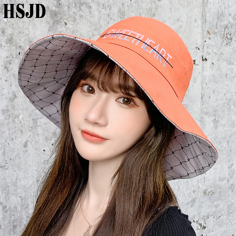 

Spring Summer Women Double-sided Plaid Sun Hats Beach Anti-UV Foldable Large Wide Brim Hat Caps Female Panama bucket hat Bonnet