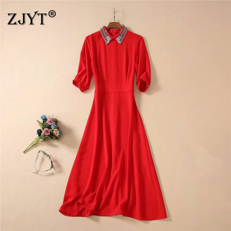 

New Arrival Spring Dresses for Women 2020 Fashion Three Quarter Sleeves Diamonds Neck Solid Red Black Casual Party Dresses