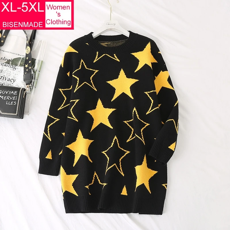 

BISENMADE Autumn Winter women's Sweater Lazy Style Yellow five-pointed Star Jacquard Pullovers Loose Fashion Jumper Oversize