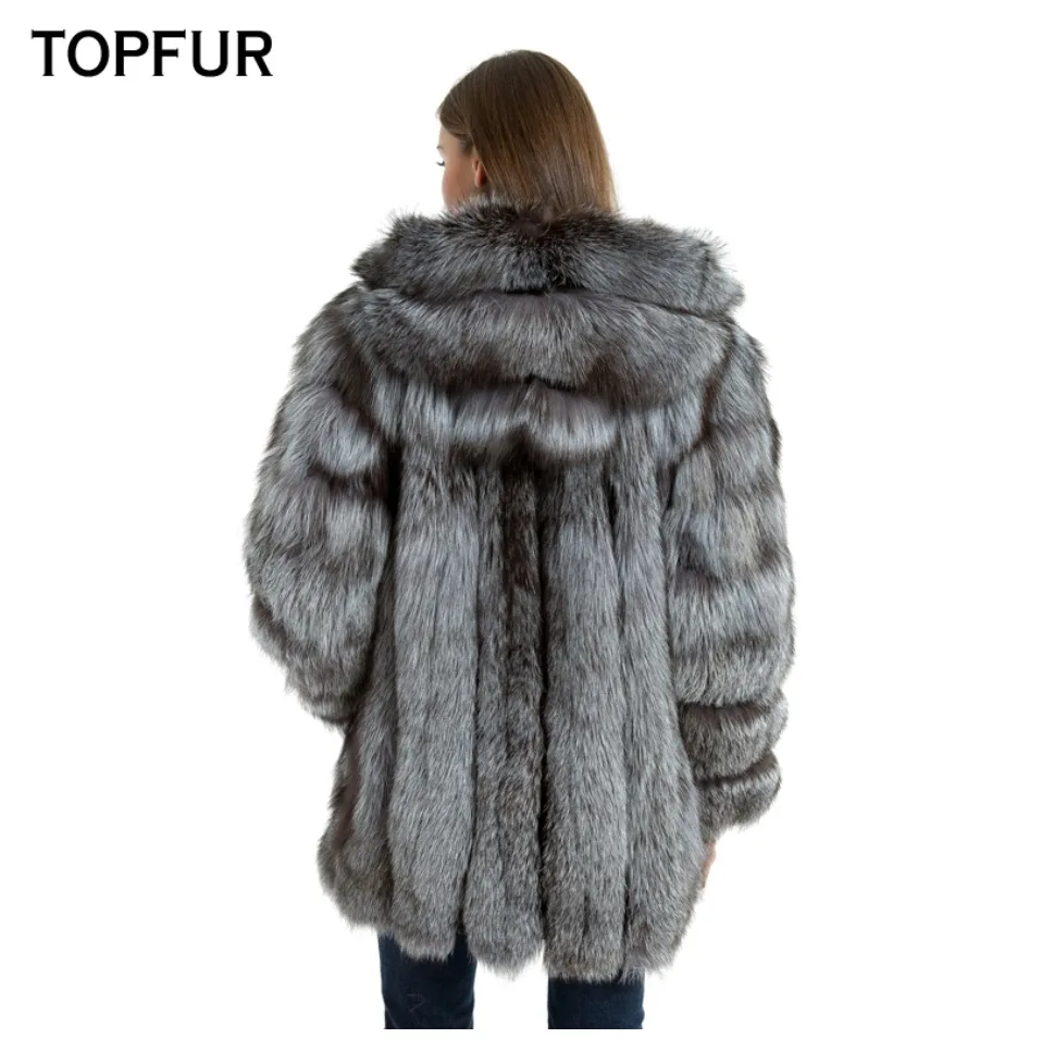 TOPFUR, модные зимние женские пальто с капюшоном, натуральный мех, пальто для женщин, натуральный мех серебристой лисы, верхняя одежда и пальто, базовые куртки