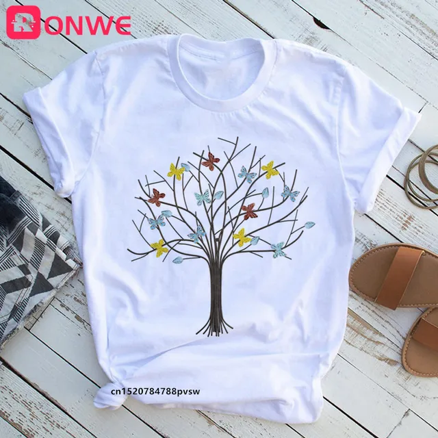Woman Butterfly Tree Print Harajuku Summer Tshirts Casual Round Neck Short Slee Top Tee Shirt,Drop Ship P8017G