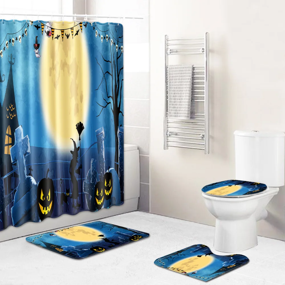 

WUJIE 4PCS Holloween Bathroom Set Pumpkin Pattern Waterproof Shower Curtain Set Anti-Slip Bath Rug Bathroom Toliet Cover Mat Set