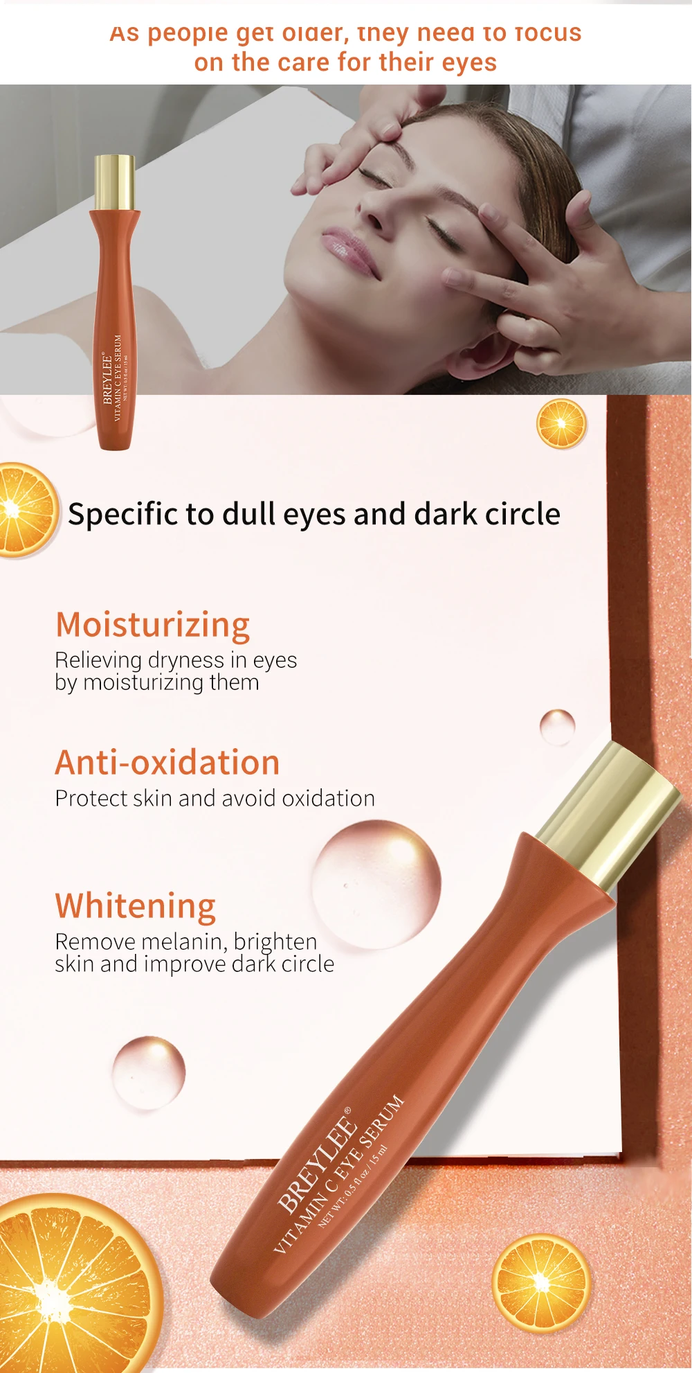 Breylee Vitamin C Eye Serum Eye Rolle Skin Care Whitening Remove Melanin Dark Circles Anti-Oxidation Moisturizing Eye Care 15Ml