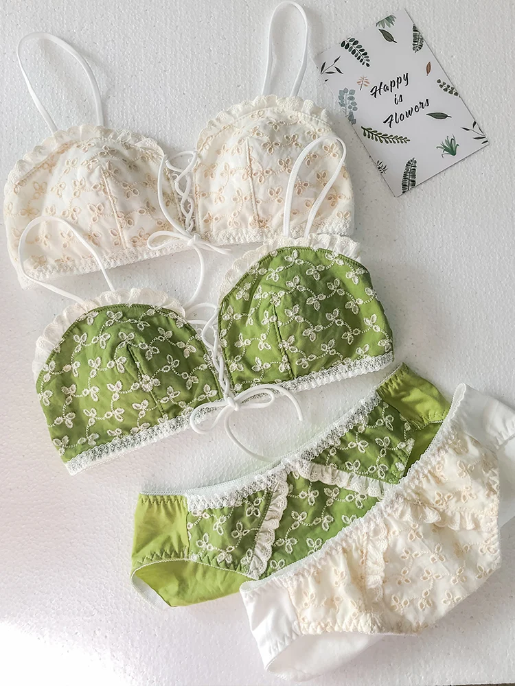 Cute Lace Trim Women's Japanese Bra &amp Panties Set Cotton Wirefree Soft Underwear Embroidery Sleep Intimates Lolita | Женская