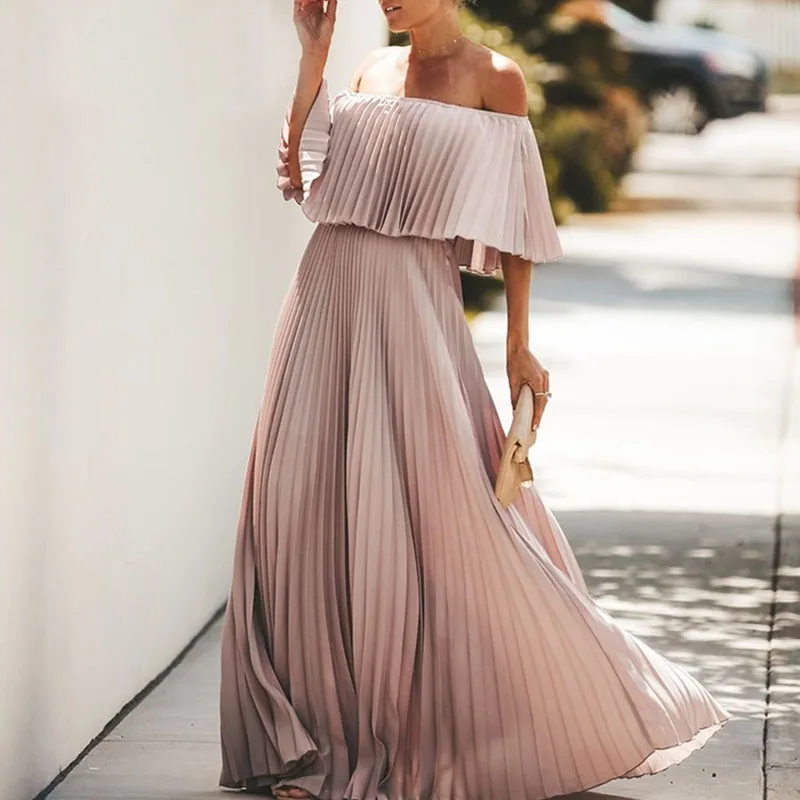 

Women Long Dress Off Shoulder Chiffon Dress Slash Neck Ruffle Pleated Party Dresses Women Evening Elegant Floor-Length Dress