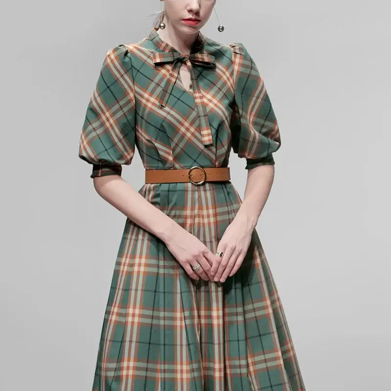 

2019 New Women office Lady Dresses Green Plaid Printed Fashion Vintage Lantern Sleeves Office WORK Women Long Dresses Clothes