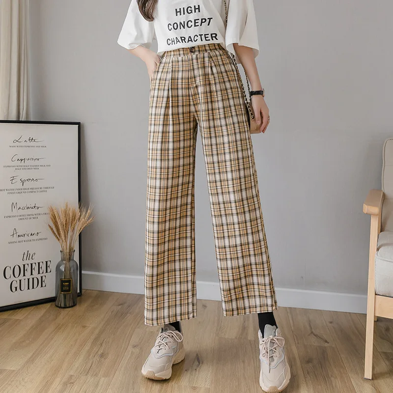 SIDDONS Pants Women High Waist Vintage Plaid Pants Elastic Waist Plus Size Wide Leg Pants Casual Female Korean Trousers Woman