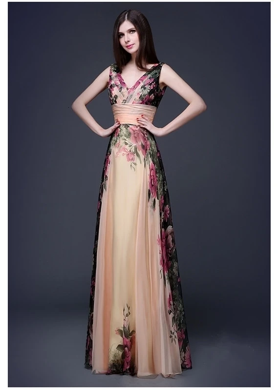 Vestidos De Fiesta винтажные Элегантные платья невесты трапециевидной формы с v-образным вырезом длинные шифоновые с цветочным принтом свадебные вечерние платья Robe De Soiree