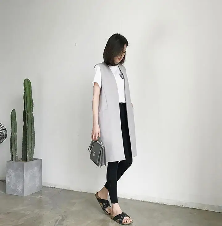 light grey Весна, женский элегантный жилет высокого качества, тонкий длинный женский жилет, зимнее пальто без рукавов, куртка, длинный жилет, черный кардиган - Цвет: light grey