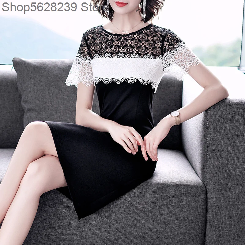 

Lace Dress 2020 Summer Dress Waist Slimming Temperament Black And White Spell Color Medium Length A Word Skirt