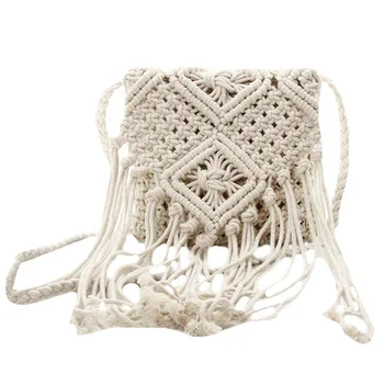 

Fringe Tassel Crossbody Shoulder Bag Woven Handmade Boho Beach Travel Handbag for Women,White