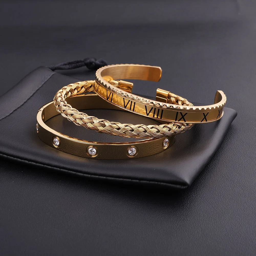 High Quality Luxury New Design 316L Stainless Steel Roman Cuff Bangle CZ Stone Bracelet Set Men - Image 4