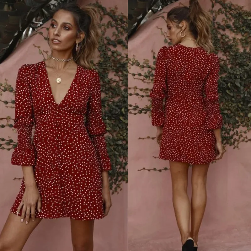 

Europe And America 2018 Summer New Style WOMEN'S Dress Versitile Fashion Slim Fit Slimming V-neck song jin xiu Polka Dot Dress