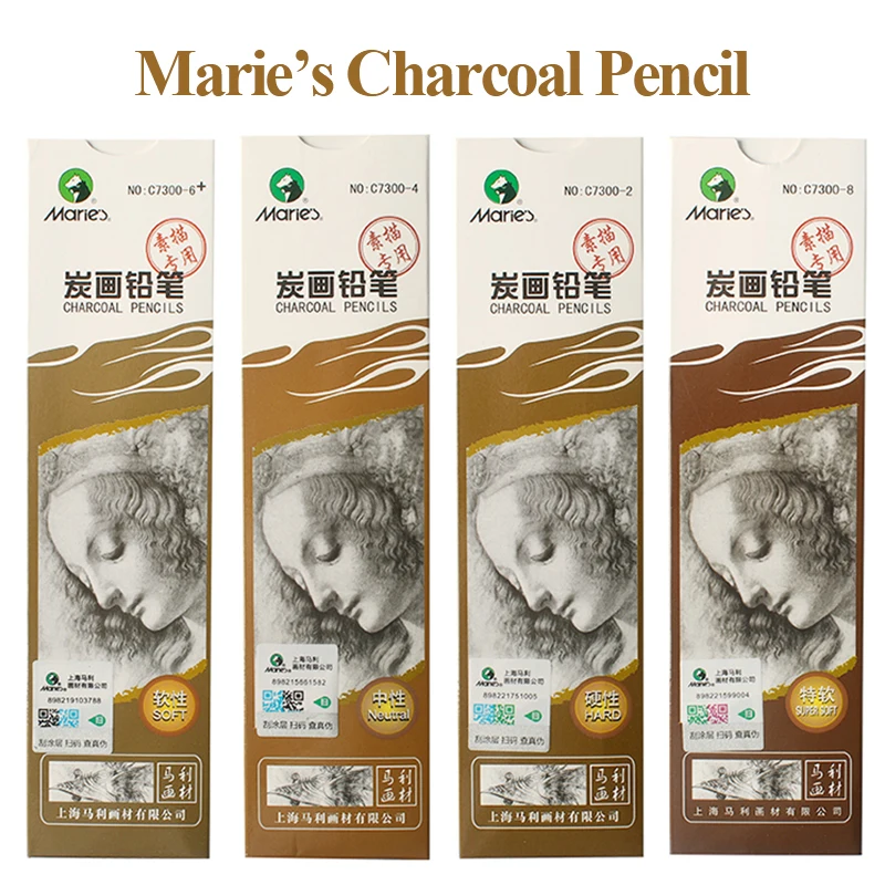 Marie's 6/12pcs Professional Sketch Charcoal Pencil Soft/Medium/Hard/Extra-soft Drawing Charcoal Pens Art Supplies C7300/7360 2
